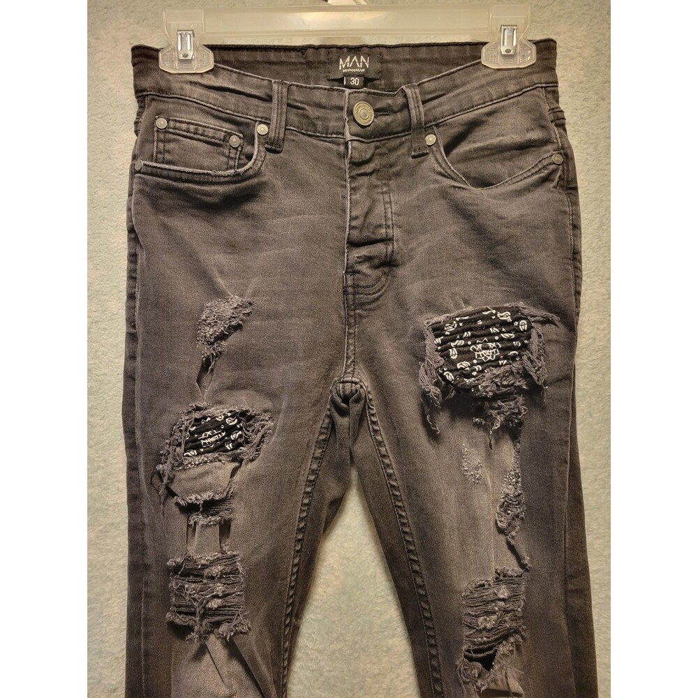 Boohoo MAN SKINNY STRETCH RIP REPAIR Jean 30R Charcoal Distressed Y2k - Picture 2 of 7